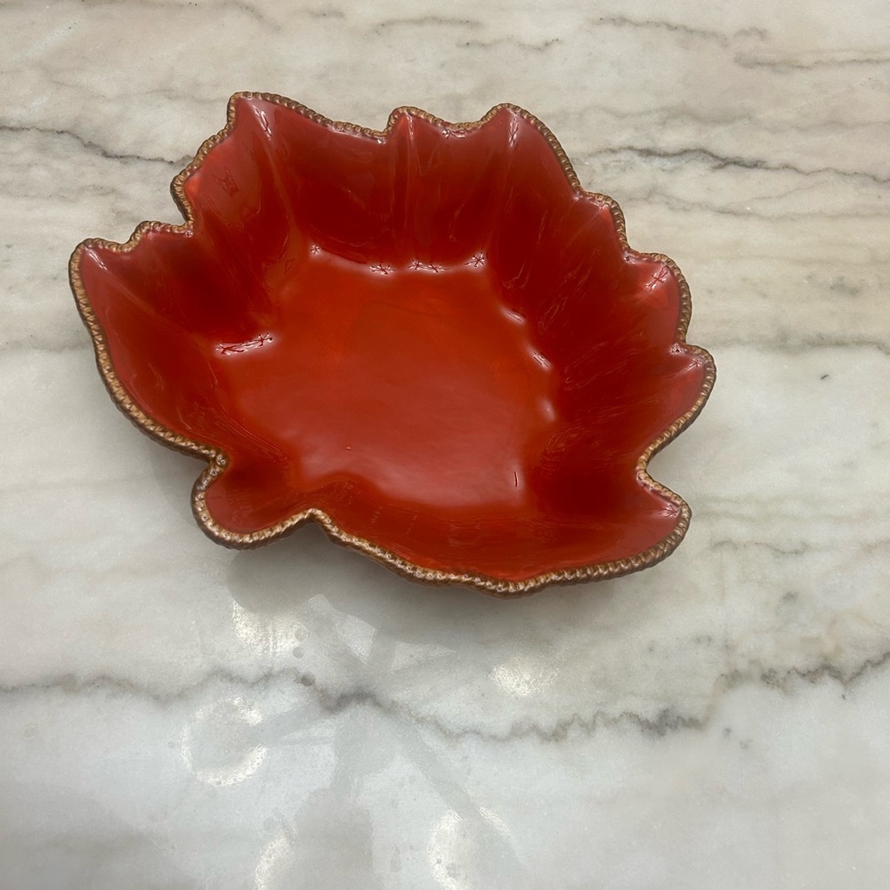 Temp-Tations Orange Leaf-Shaped Decorative Serving Bowl with Gold Trim